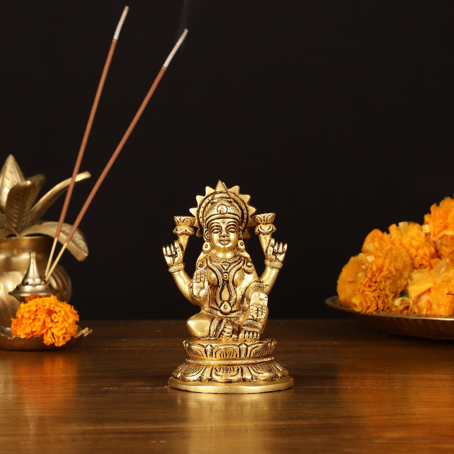 Brass Superfine Goddess Lakshmi Idol - 4.5" Elegant Sculpture - Sama Homes Idol - Brass Sculpture