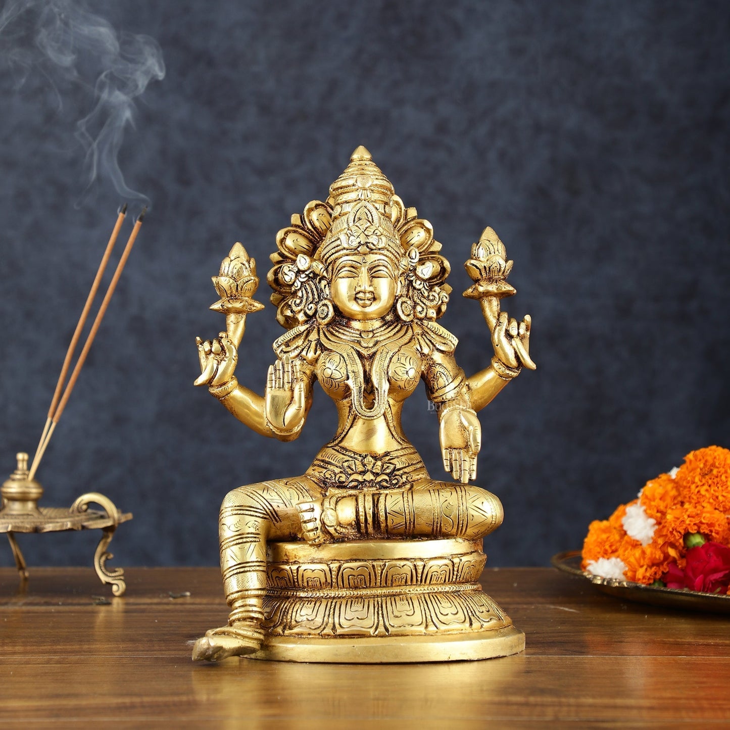Brass Superfine Goddess Lakshmi Statue – 10.5" Height, Finely Detailed - Sama Homes Idol - Brass Sculpture