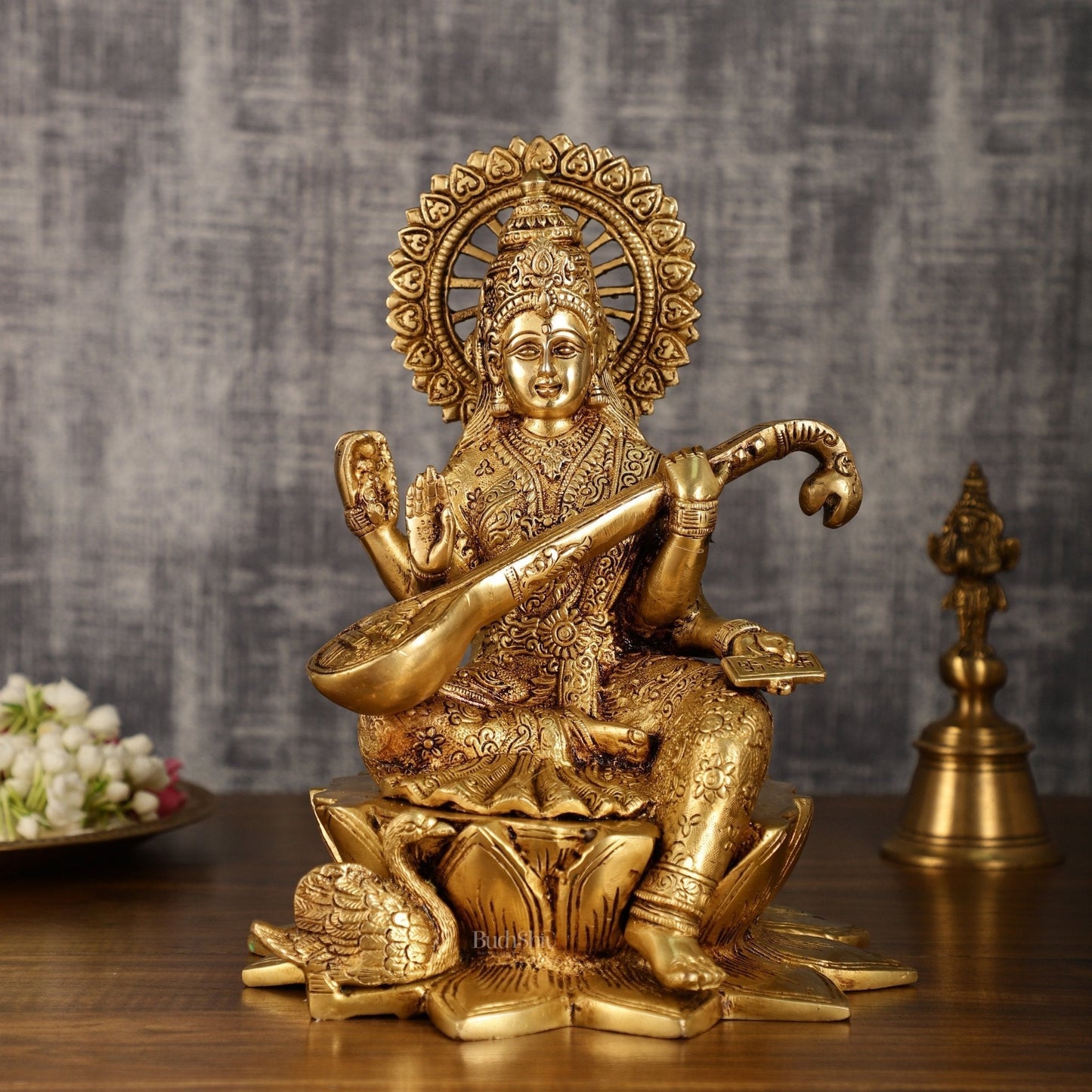 Brass Superfine Goddess Saraswati Sitting on Lotus with Swan | 11 Inch Height | 6.25 KG - Sama Homes Idol - Brass Sculpture