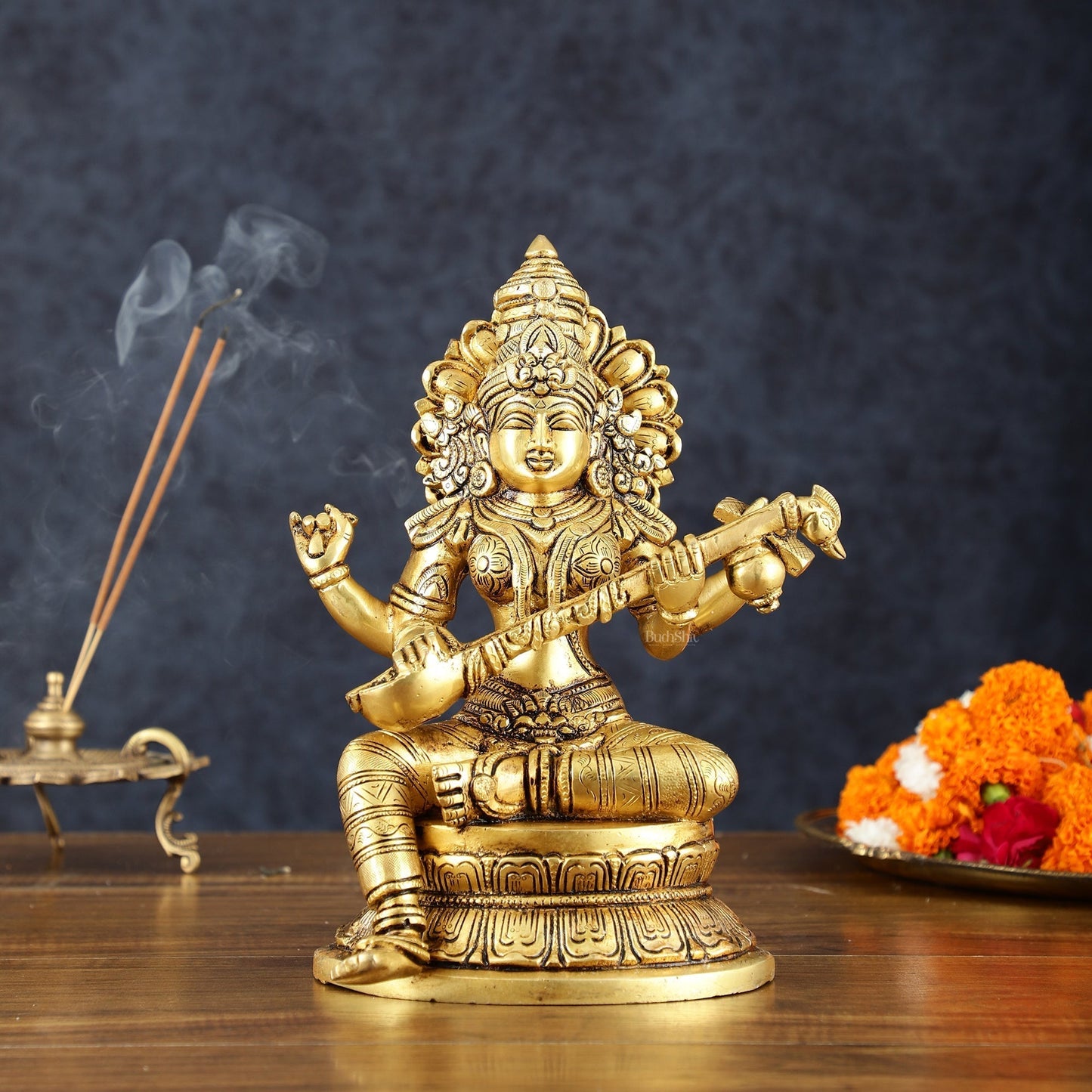 Brass Superfine Goddess Saraswati Statue – 10.5" Height, Finely Detailed - Sama Homes Idol - Brass Sculpture