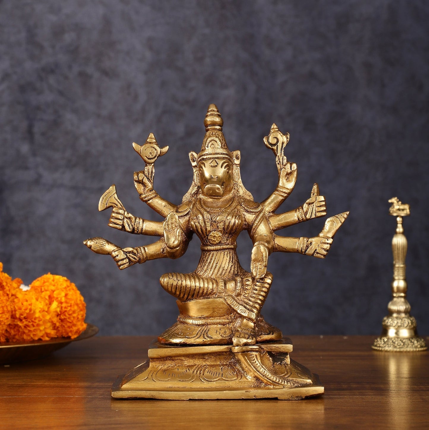 Brass Superfine Goddess Varahi with Eight Arms Idol - 7" Height - Sama Homes Idol - Brass Sculpture