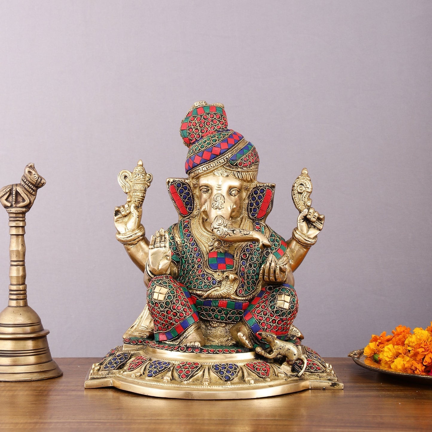 Brass Superfine Handcrafted Lord Ganesha Idol with Pagadi - 11" Meenakari Stonework - Sama Homes Idol - Brass Sculpture