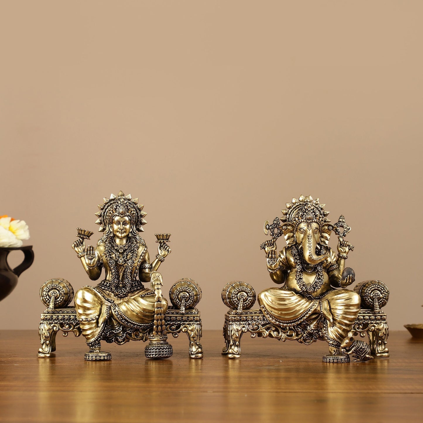 Brass Superfine Intricate Lightweight Ganesha Lakshmi Pair - 5.5" - Sama Homes Idol - Brass Sculpture