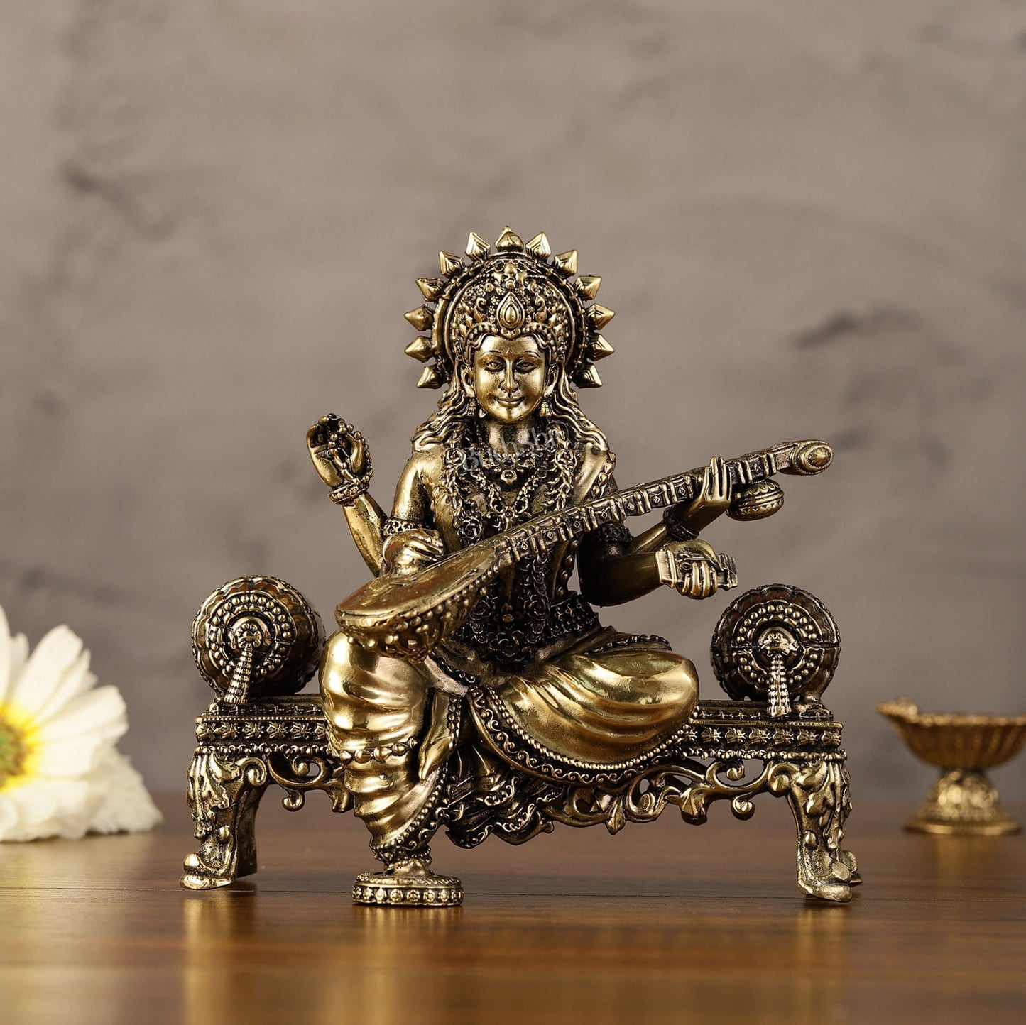 Brass Superfine Intricate Lightweight Goddess Saraswati Idol - 5.5" - Sama Homes Idol - Brass Sculpture