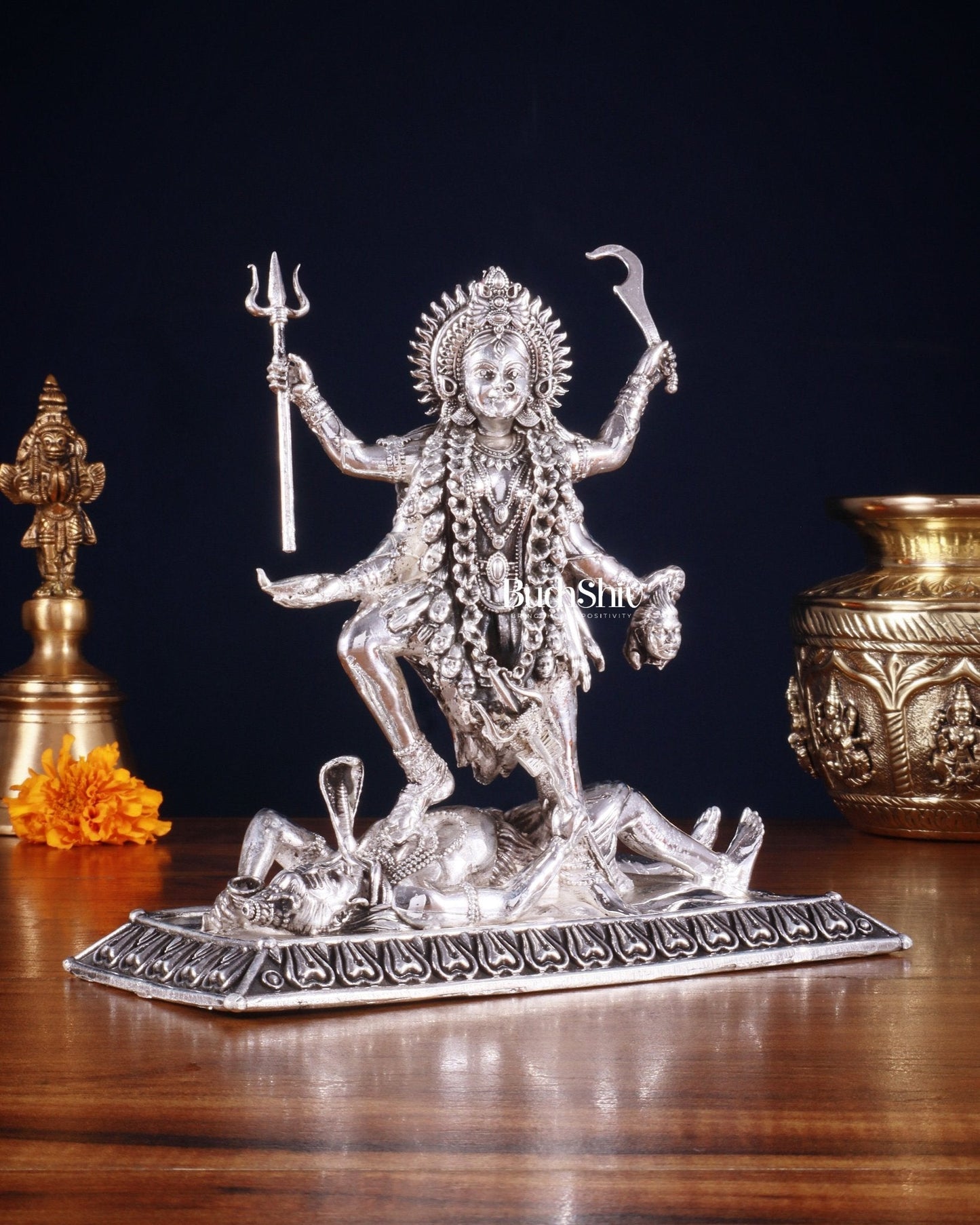 Brass Superfine Intricate Mahakali Idol | 6.5" silver plated - Sama Homes Idol - Brass Sculpture