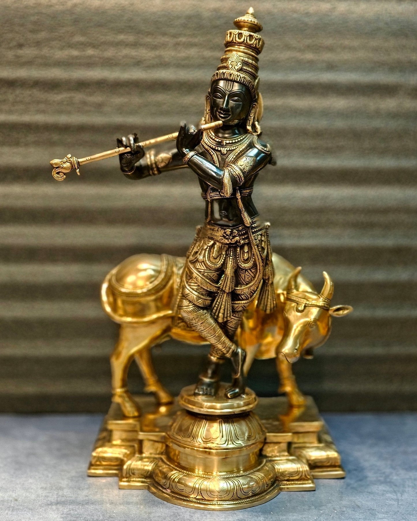 Brass Superfine Krishna With Cow Sculpture - Handcrafted Brass, 25.5" Tall, 26kg - Sama Homes Idol - Brass Sculpture