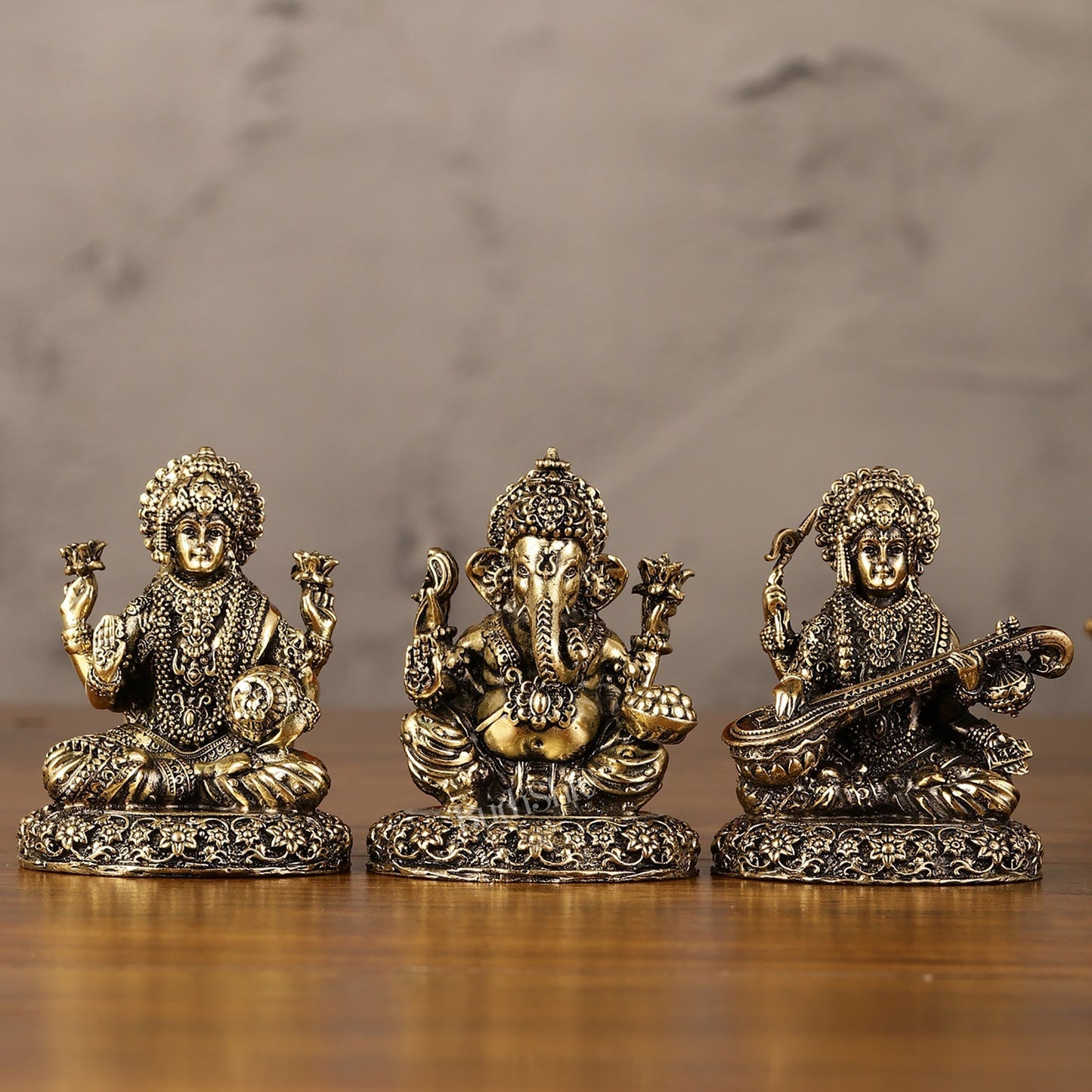 Brass Superfine Lightweight Intricate Ganesh Lakshmi Saraswati Idols - 3" - Sama Homes Idol - Brass Sculpture
