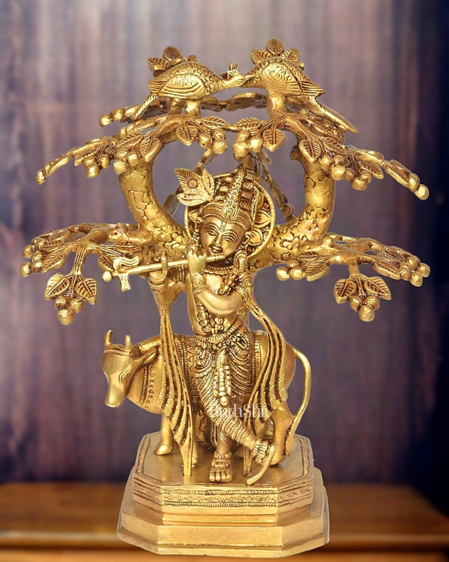 Brass superfine Lord Krishna with cow and tree idol 13 inch - Sama Homes Idol - Brass Sculpture