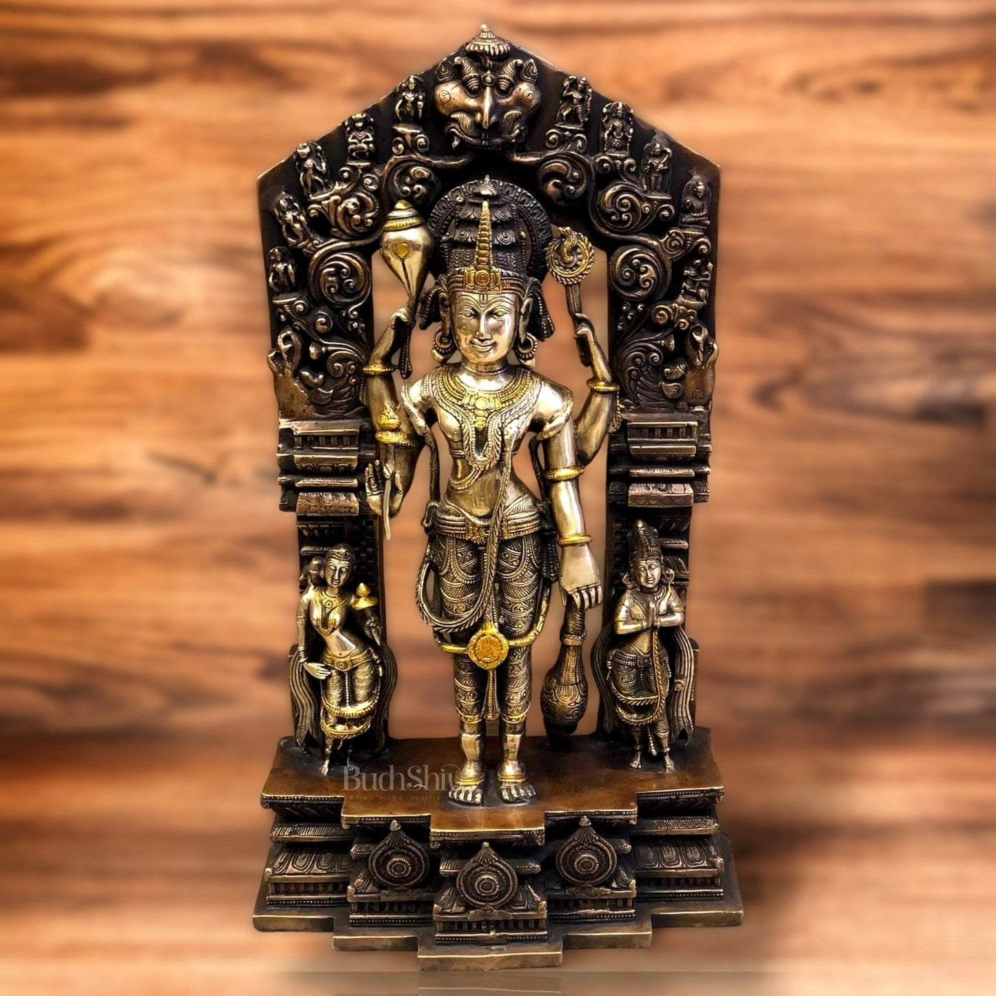 Brass Superfine Lord Vishnu Statue with Frame and Bhudevi Sridevi - 29 Inch - Sama Homes Idol - Brass Sculpture