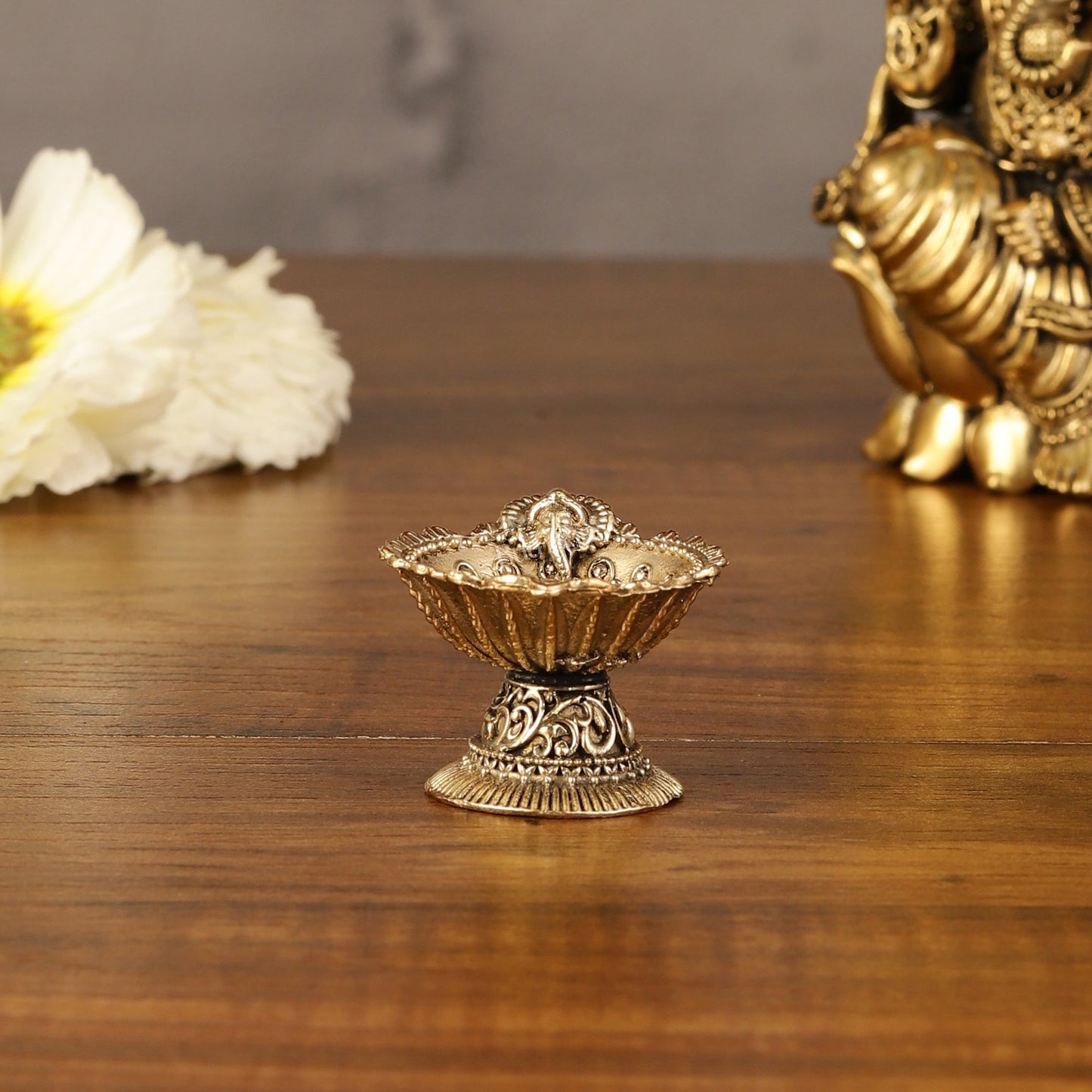 Brass Superfine Miniature Ganesha Diya Oil Lamp - 2" - Sama Homes Idol - Brass Sculpture