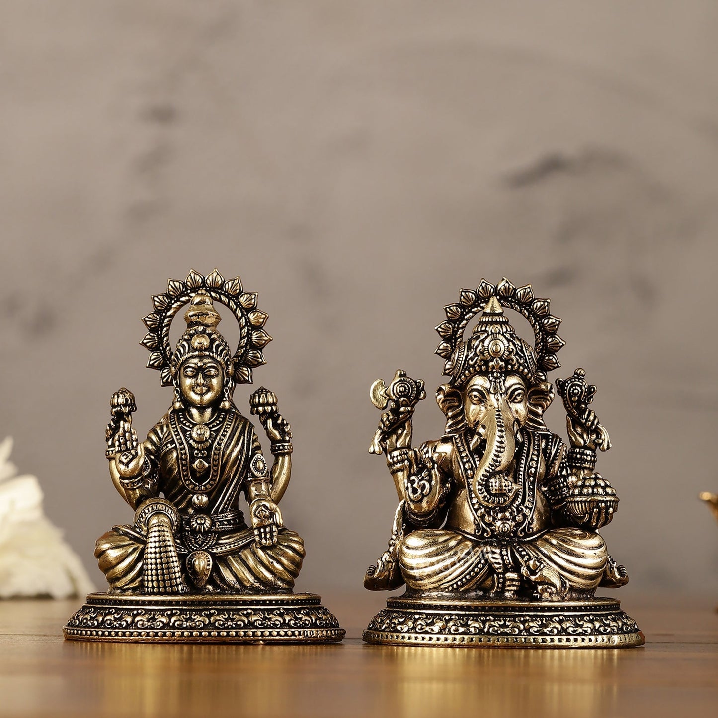Brass Superfine Miniature Ganesha Lakshmi Duo Lightweight Idols - 3.5" | - Sama Homes Idol - Brass Sculpture