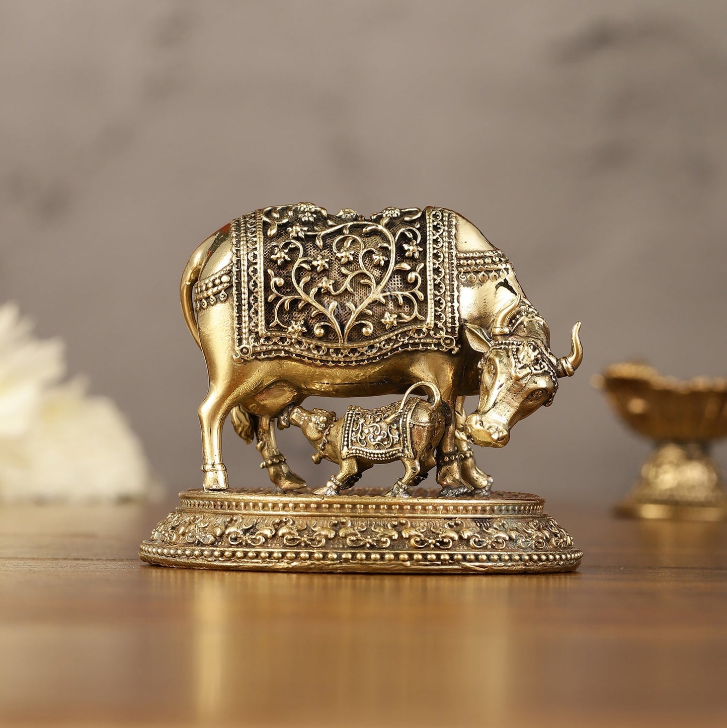 Brass Superfine Miniature Kamdhenu Cow with Calf - 3"