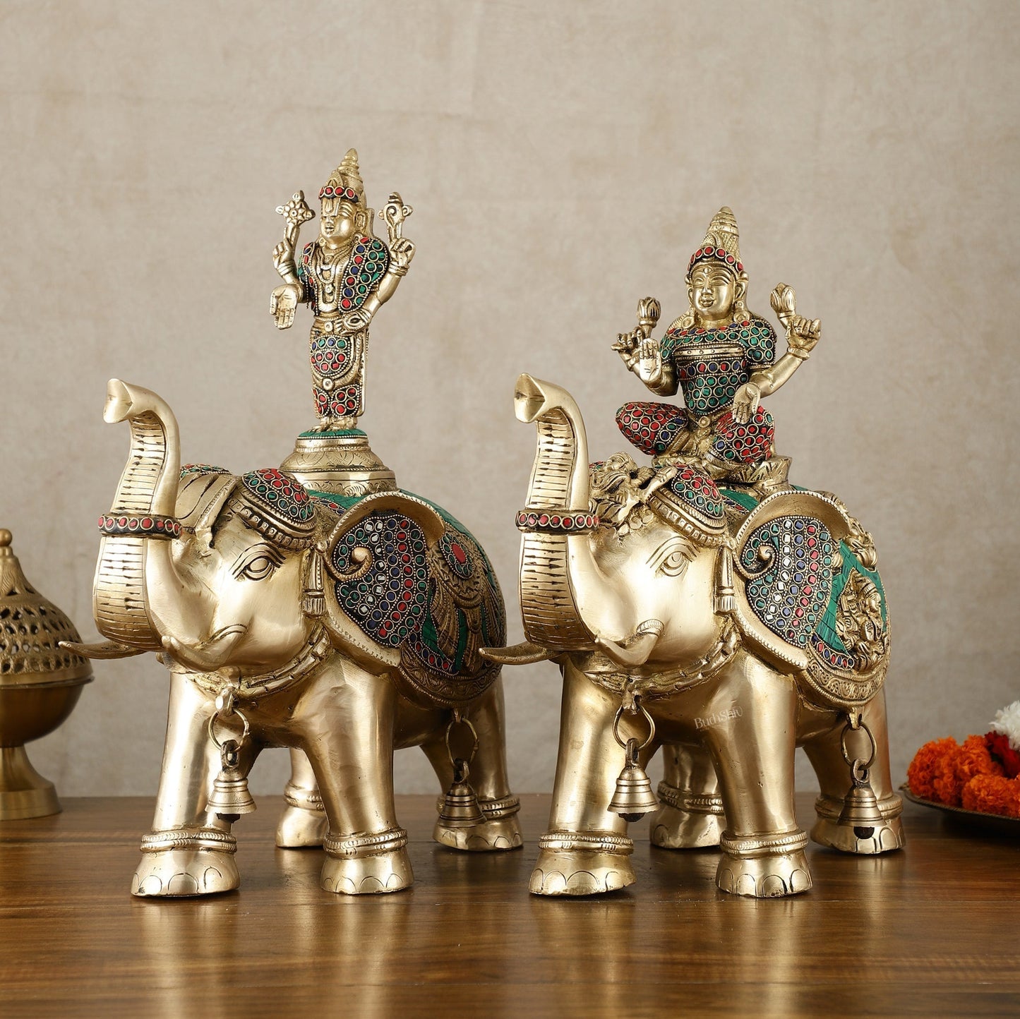 Brass Superfine Pair of Elephants with Goddess Lakshmi and Lord Tirupati Balaji Engravings - 15 Inch - Sama Homes Idol - Brass Sculpture