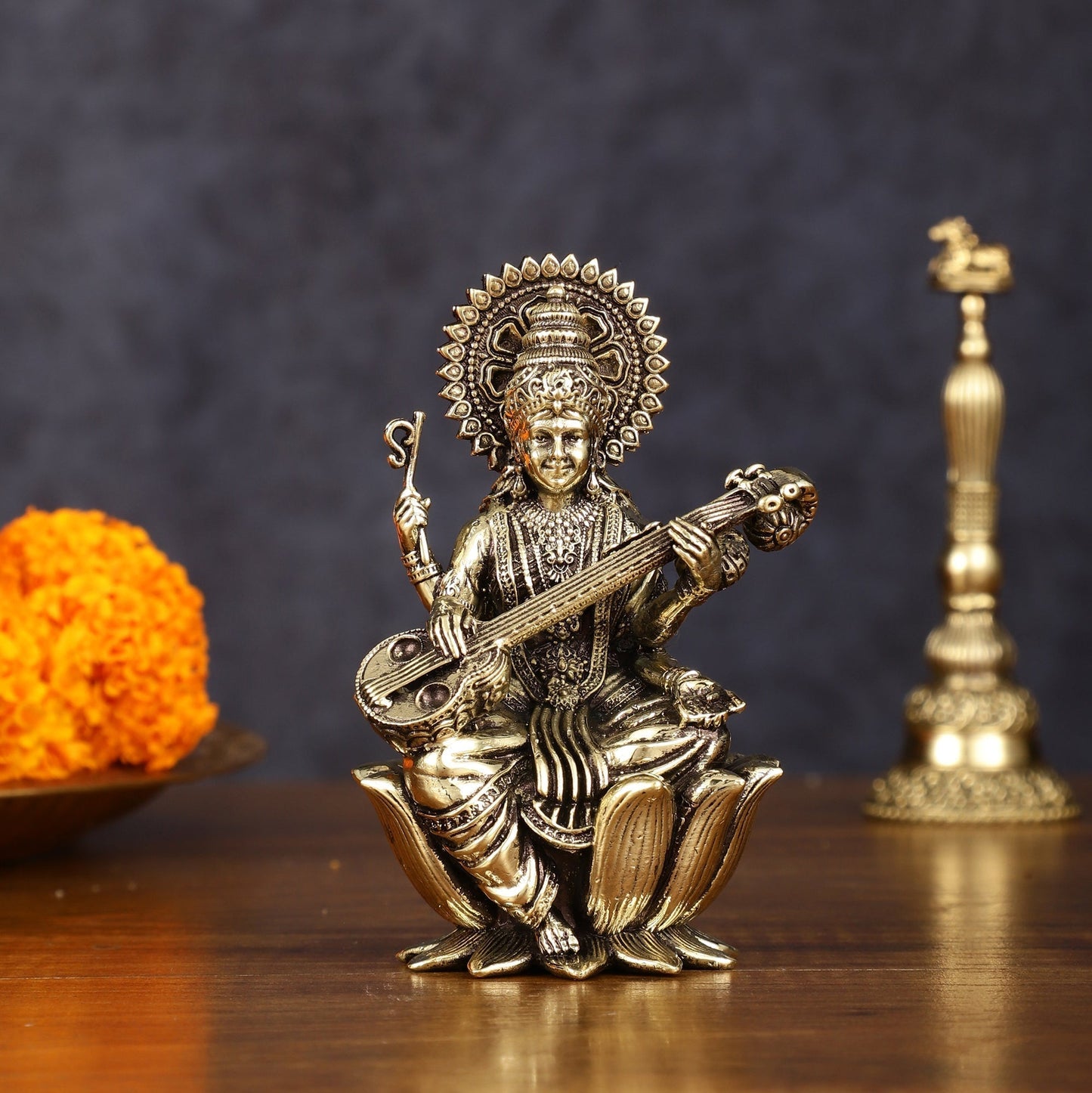 Brass Superfine Saraswati Idol - 4 Inch - Sama Homes Idol - Brass Sculpture