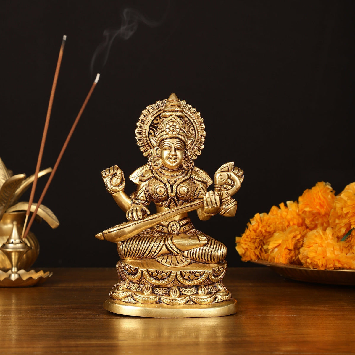 Brass Superfine Saraswati Idol - 7" Elegant Sculpture - Sama Homes Idol - Brass Sculpture