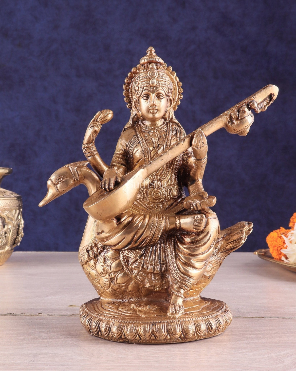 Brass Superfine Saraswati Idol - 8.5 Inch golden hues - Sama Homes Idol - Brass Sculpture