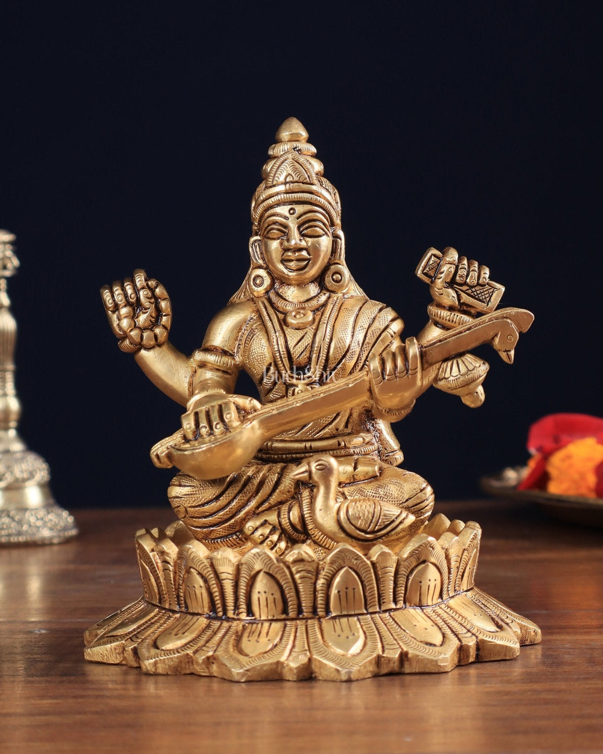Brass Superfine Saraswati on Lotus Idol | 5.5" Height - Sama Homes Idol - Brass Sculpture