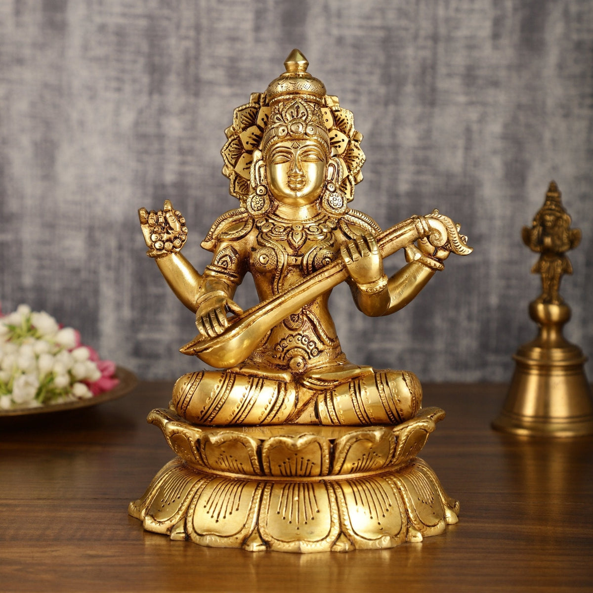 Brass Superfine Saraswati Statue on Lotus | 9 Inch - Sama Homes Idol - Brass Sculpture