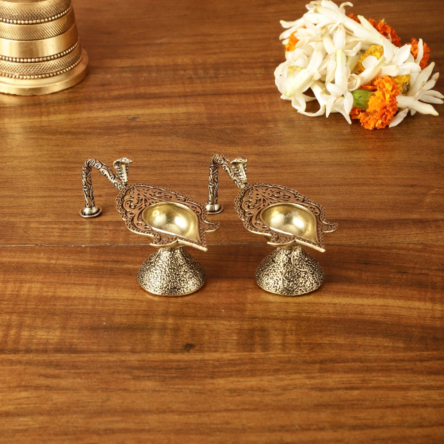 Brass Superfine Small Aarti Diya with Handles Pair | 1.5 Inch Height - Sama Homes Idol - Brass Sculpture