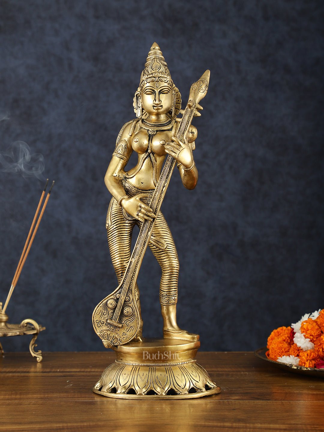 Brass Superfine Standing Goddess Saraswati Idol – 18" Height, Unique Design - Sama Homes Idol - Brass Sculpture