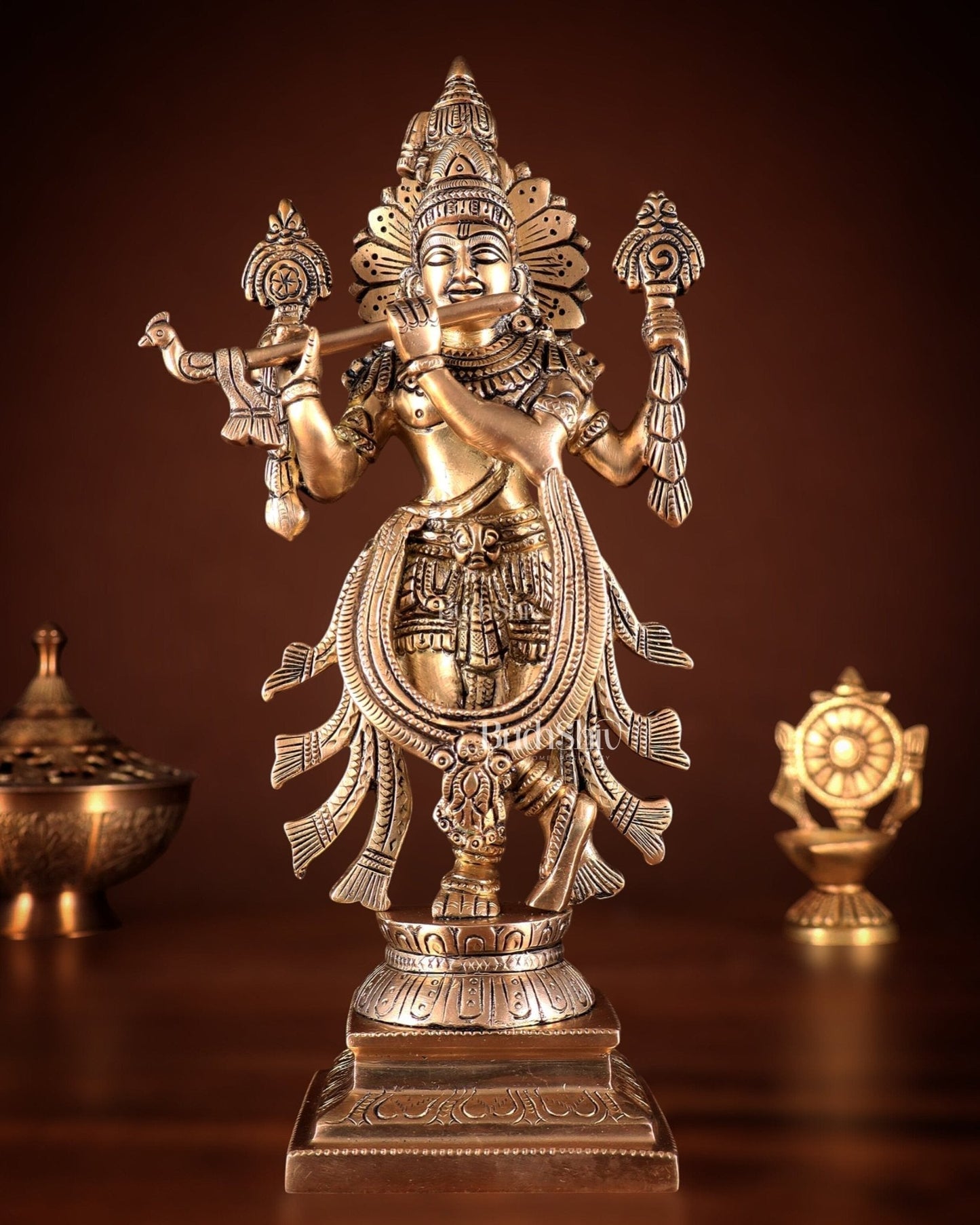 Brass Superfine Vishnu Roopam Krishna Statue with Four Arms – 11" - Sama Homes Idol - Brass Sculpture