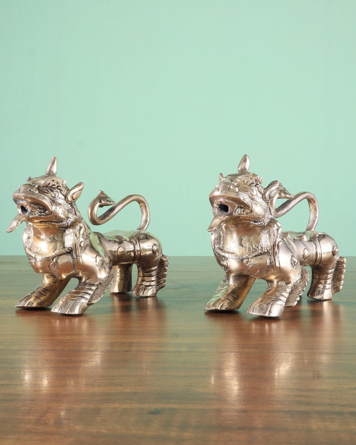 Brass Tibetan Foo Dogs Statue - Glossy Tone (Pair)