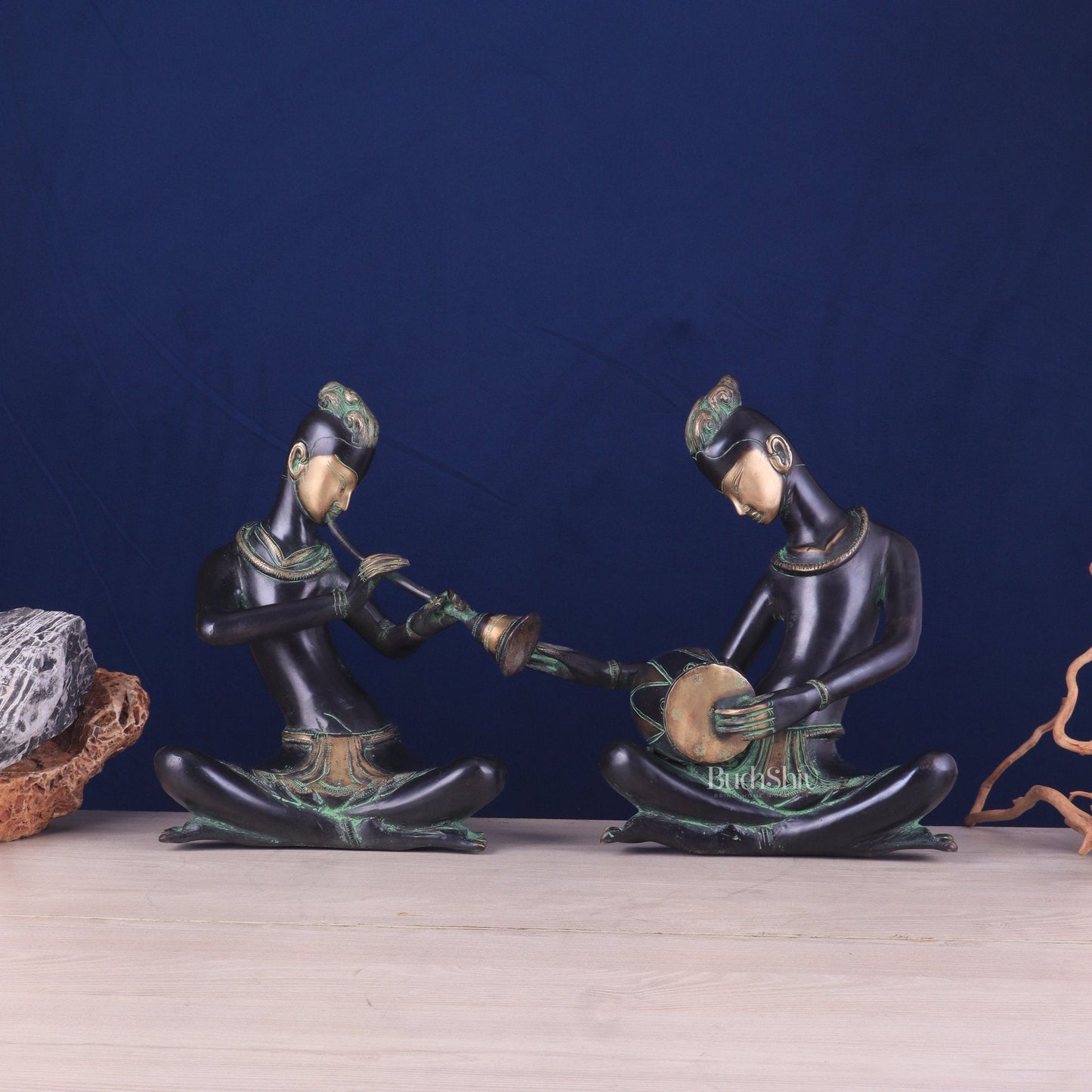 Brass Tribal Musician Pair - Shehnai and Dholak Players - Handcrafted Showpieces - Sama Homes Idol - Brass Sculpture
