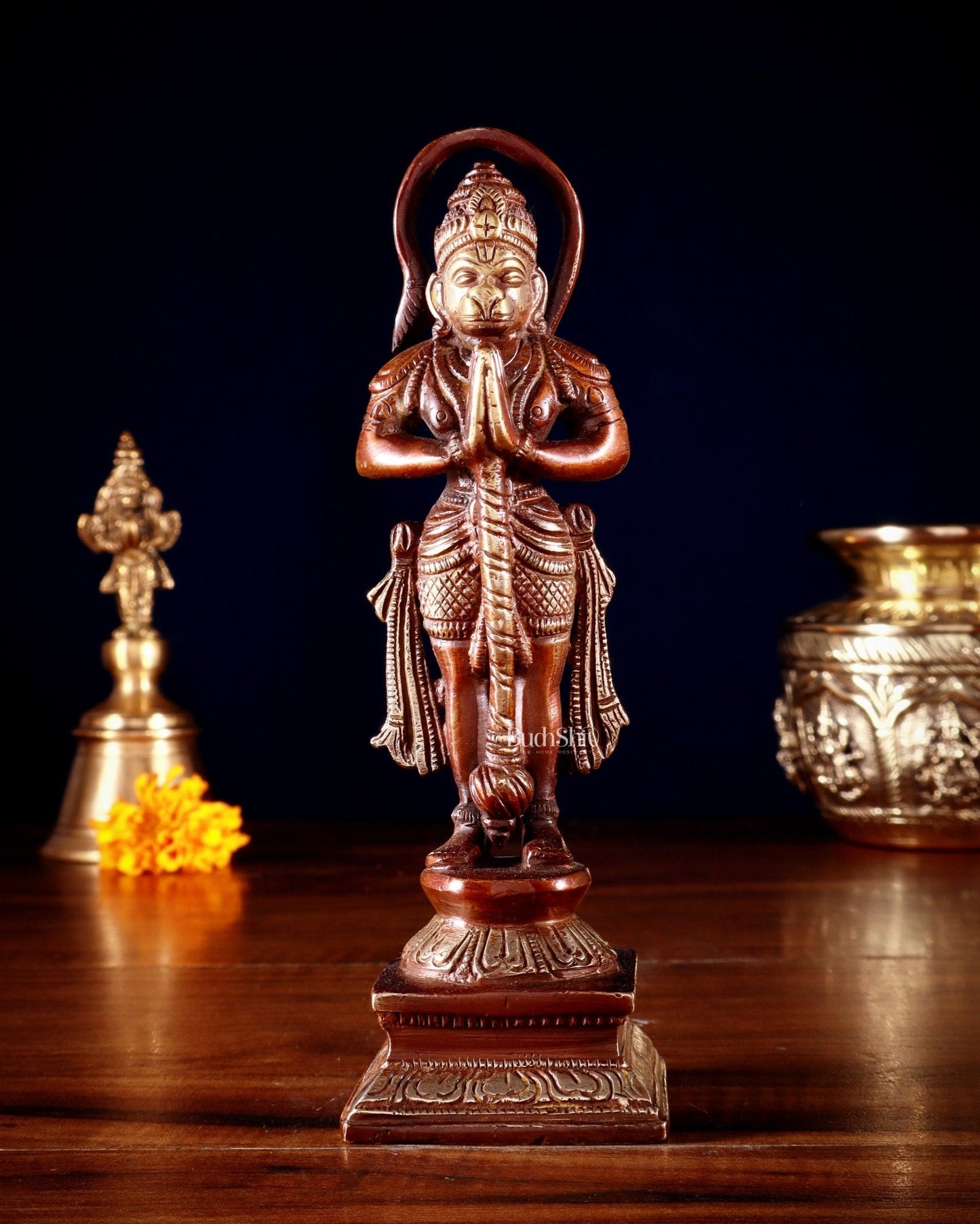 Brass Unique Hanuman Ji in Anjali Mudra Statue - 7" Tall double chola tone - Sama Homes Idol - Brass Sculpture