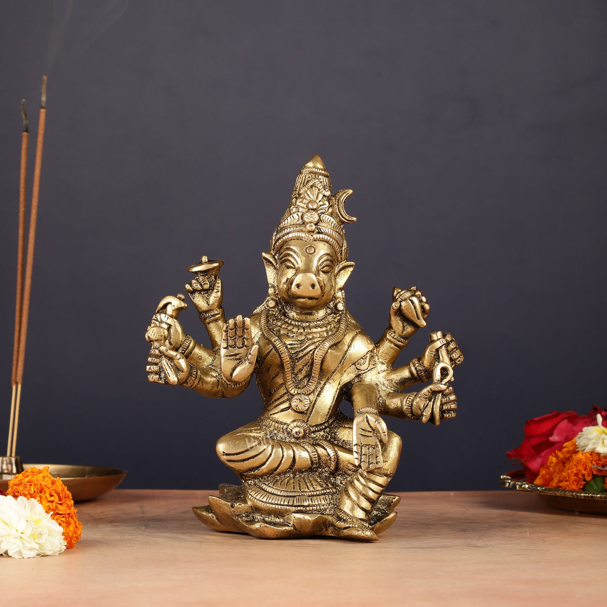 Brass Varahi amman statue 6" matte gold - Sama Homes Idol - Brass Sculpture