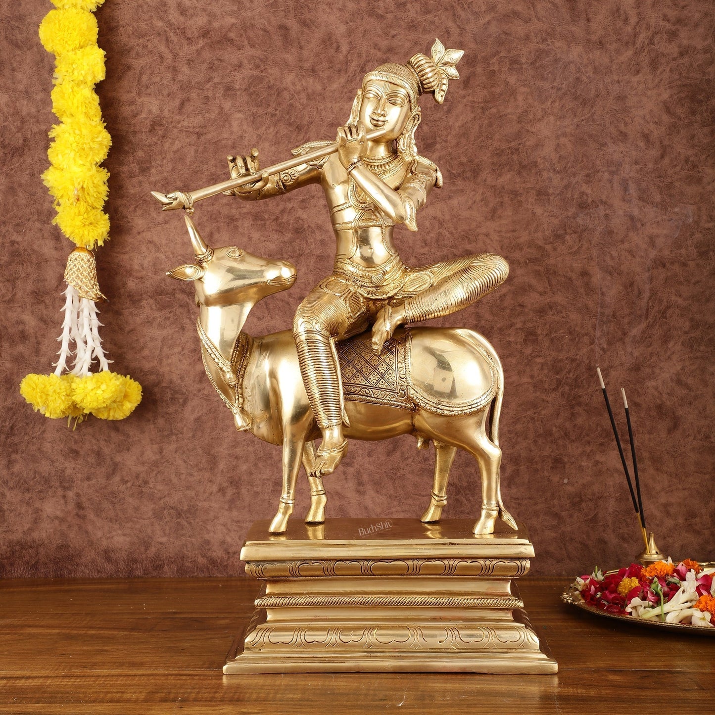Brass Venugopal Krishna Seated on Cow Statue - 21" - Sama Homes Idol - Brass Sculpture