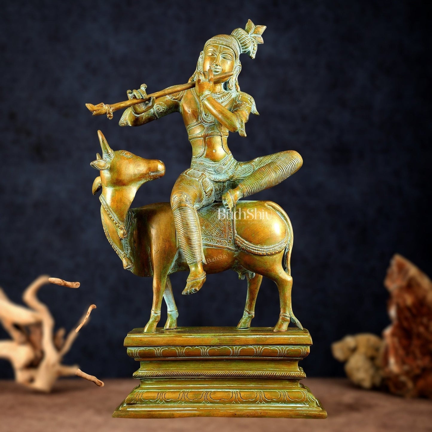 Brass Venugopal Krishna Seated on Cow Statue Vintage bronze tone | 21" - Sama Homes Idol - Brass Sculpture