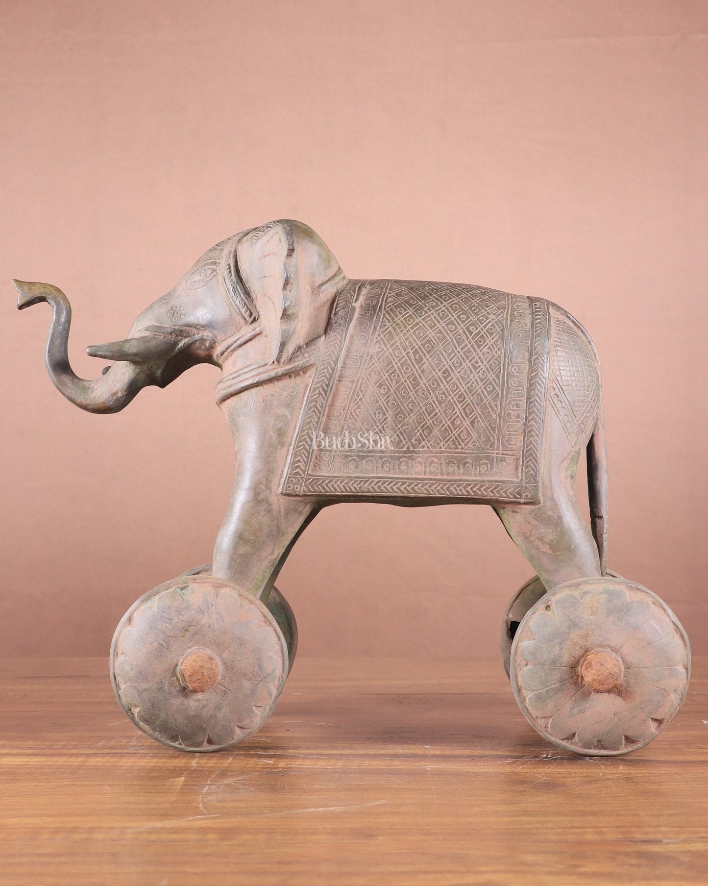 Brass Vintage Elephant Statue on Wheels – 10" x 13.5" x 6" | Antique Sand-Finish Showpiece