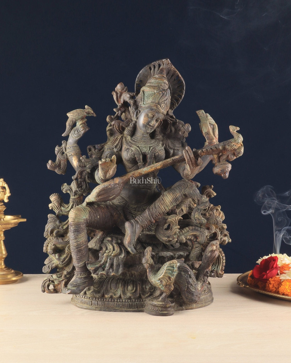 Brass Vintage Finish Saraswati Idol - 16" Divine Sculpture - Sama Homes Idol - Brass Sculpture