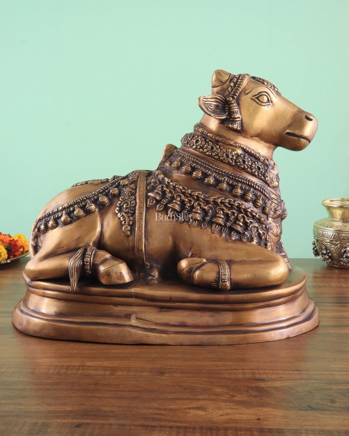 Brass Vintage Nandi on Base Statue 17" - Sama Homes Idol - Brass Sculpture