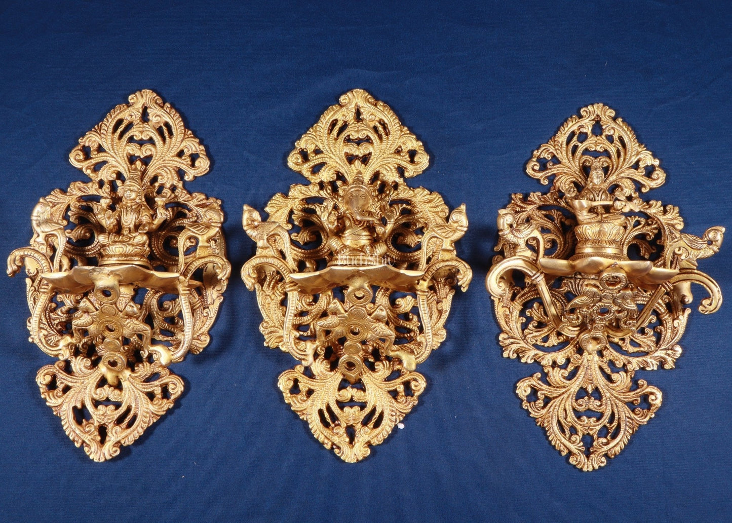 Brass Wall Hanging Diya Set – Ganesha, Lakshmi & Saraswati, 13 Inch - Sama Homes Idol - Brass Sculpture