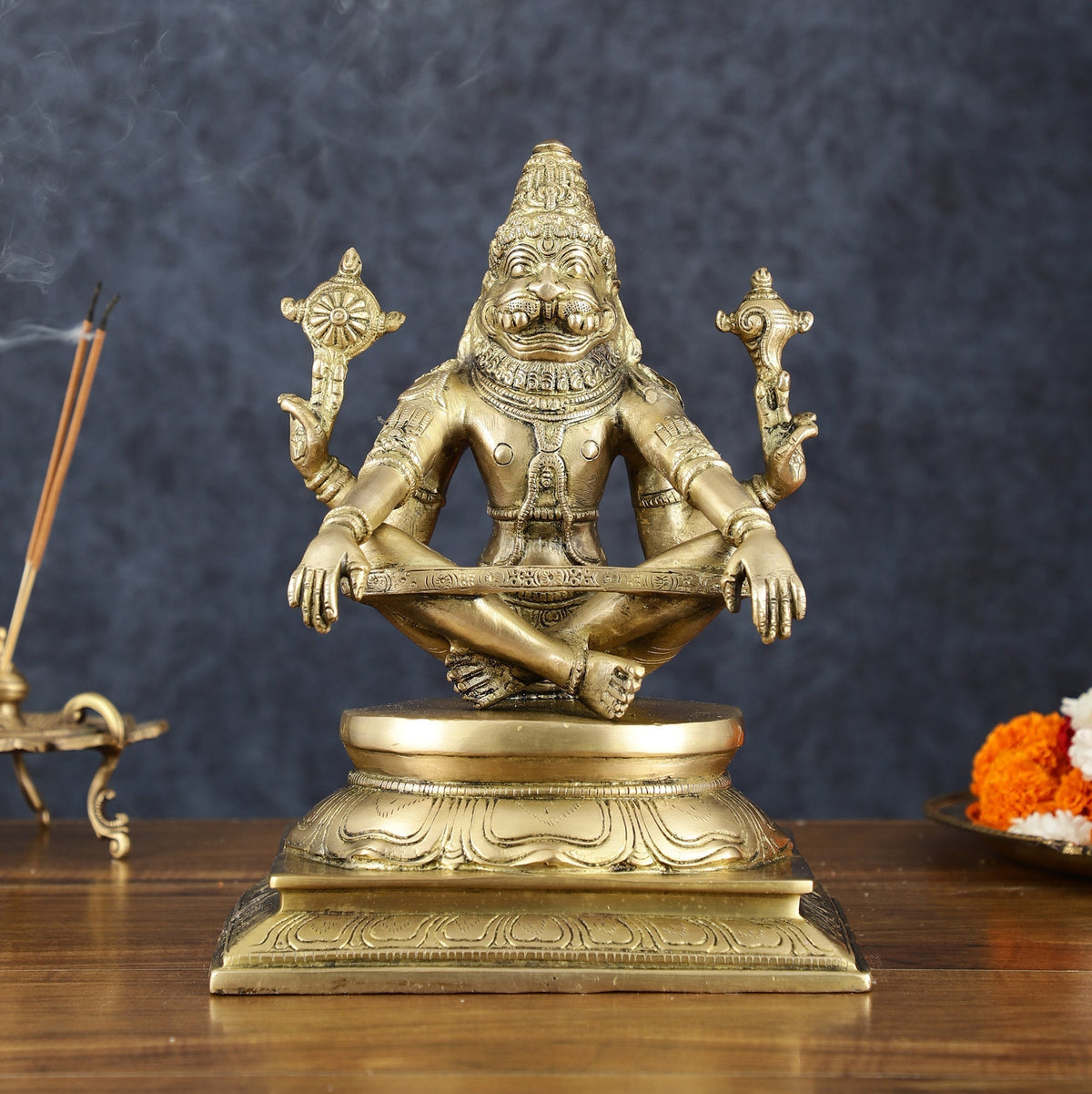 Brass Yog Narasimha Statue 11" Antique gold tone - Sama Homes Idol - Brass Sculpture
