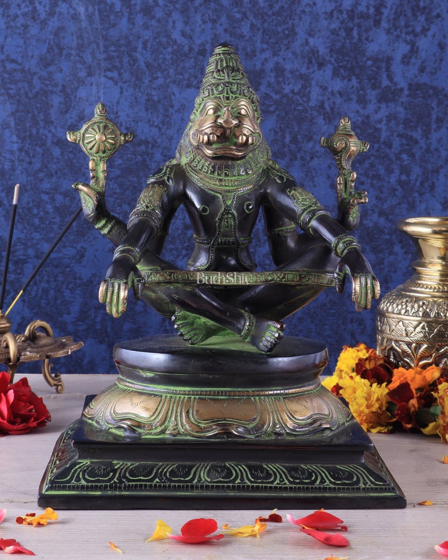 Brass Yog Narasimha swamy Statue 11" black green - Sama Homes Idol - Brass Sculpture