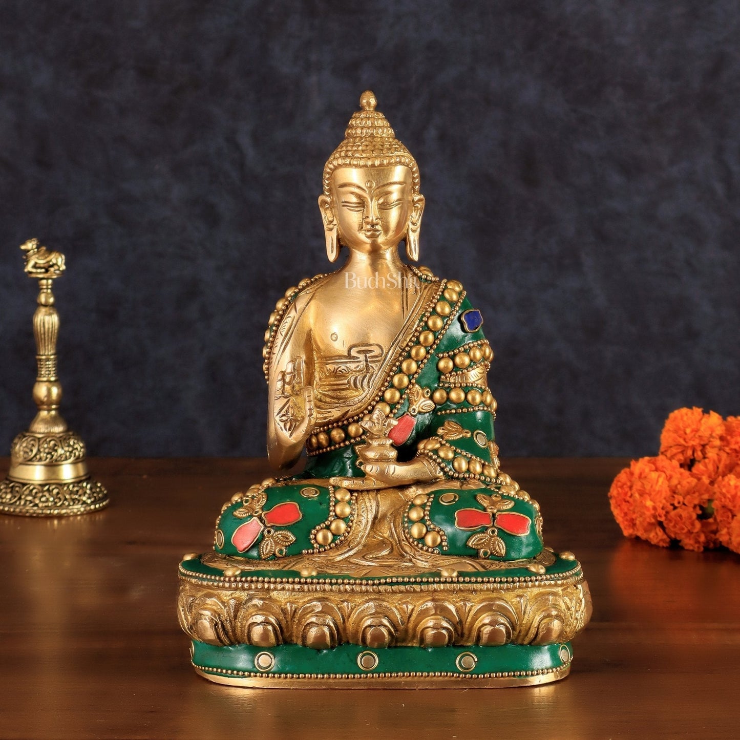 Buddha Brass idol blessing Abhaya mudra 7.5" - Sama Homes Idol - Brass Sculpture