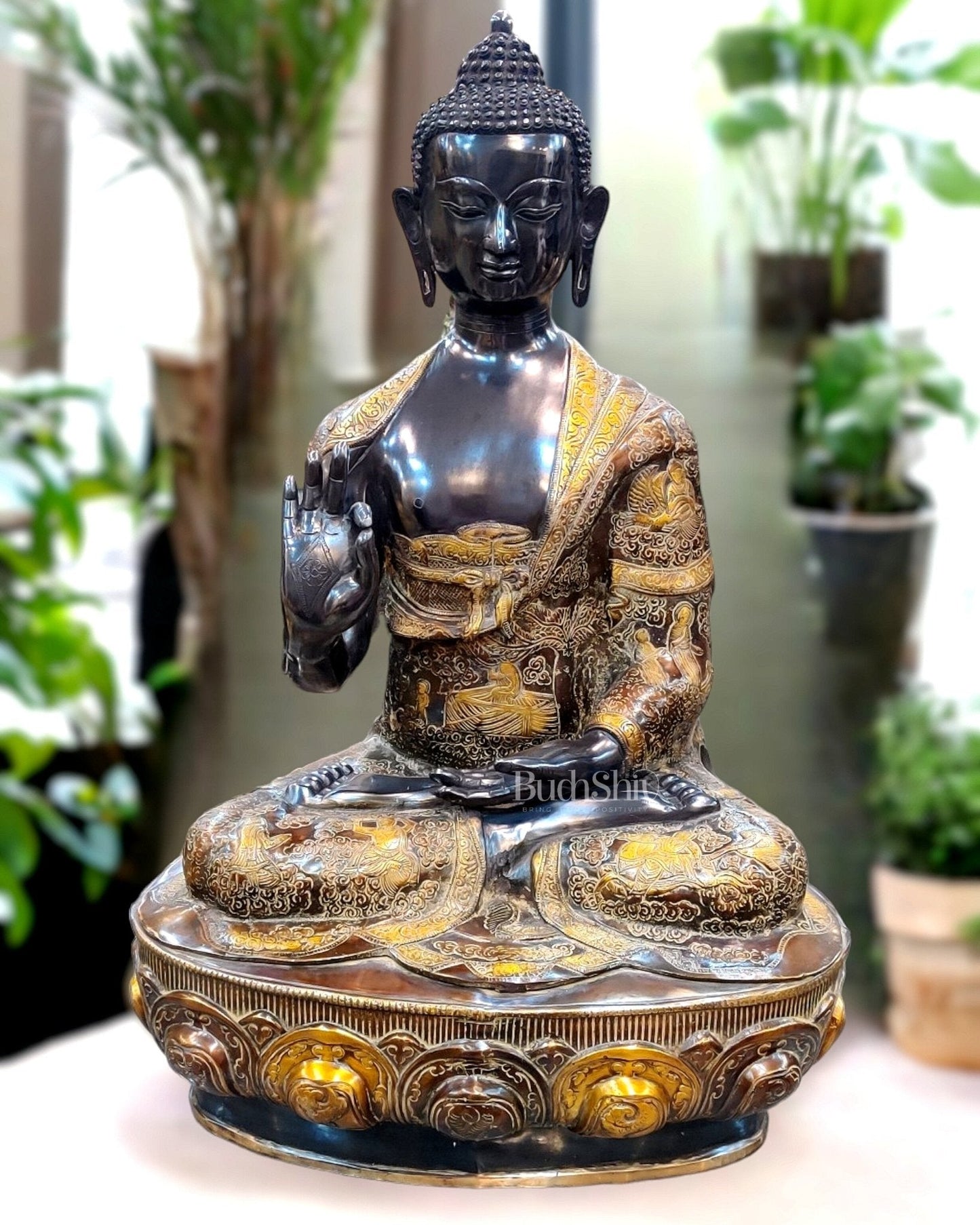 Buddha Brass Statue Lifestory Aashirwaad Mudra 33 inch - Sama Homes Idol - Brass Sculpture