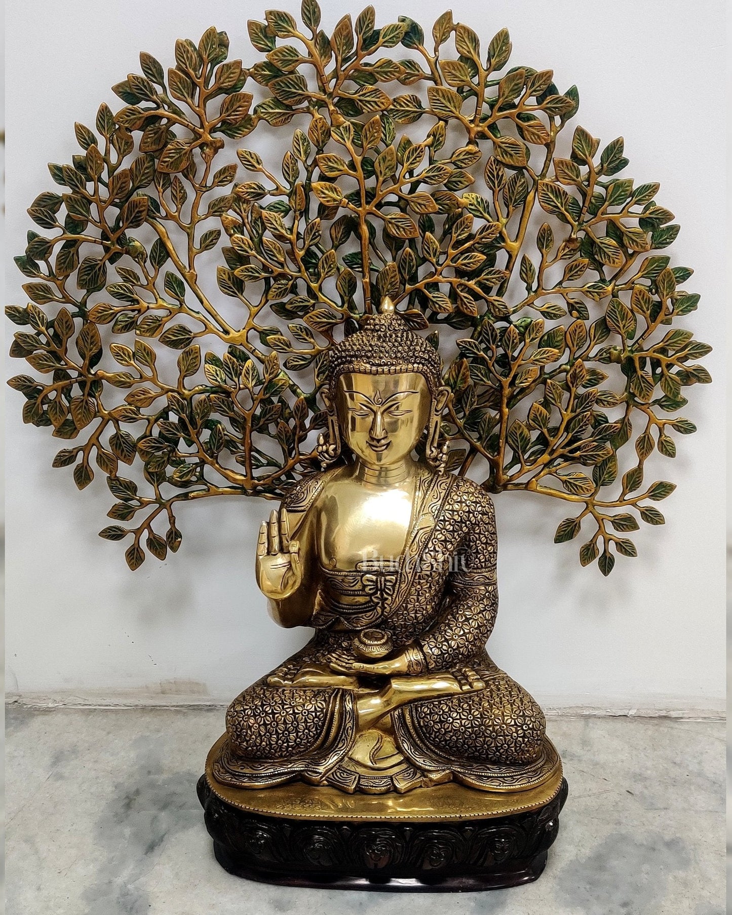 Buddha Brass statue with bodhi tree 25 inches - Sama Homes Idol - Brass Sculpture