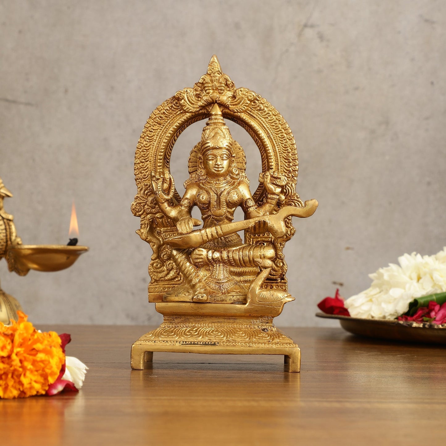 Buy Pure Brass Goddess Saraswati Idol with Arch - 7 Inches - Sama Homes Idol - Brass Sculpture