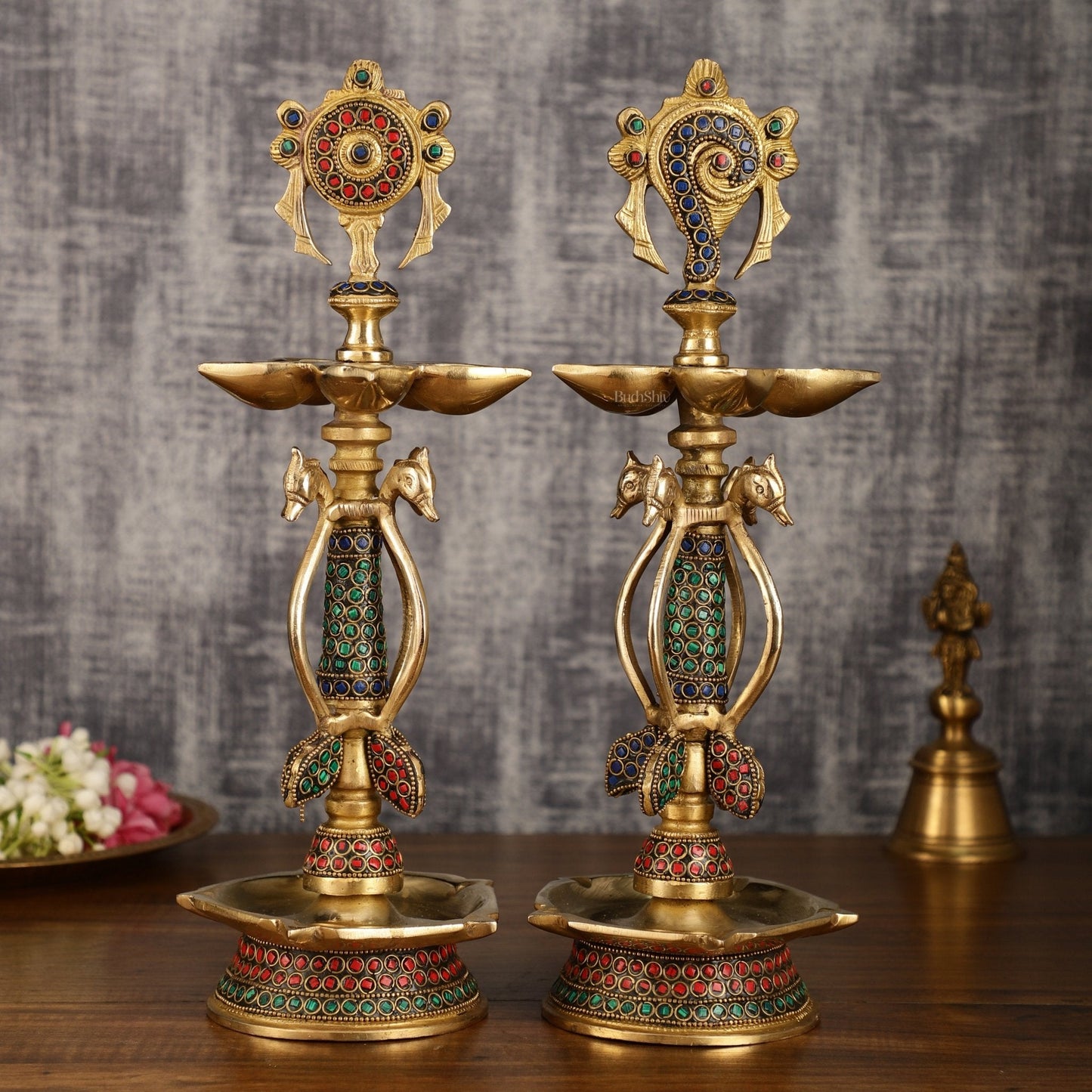 Colourful Brass Shankh Chakra Lamps - | 15 inch - Sama Homes Idol - Brass Sculpture