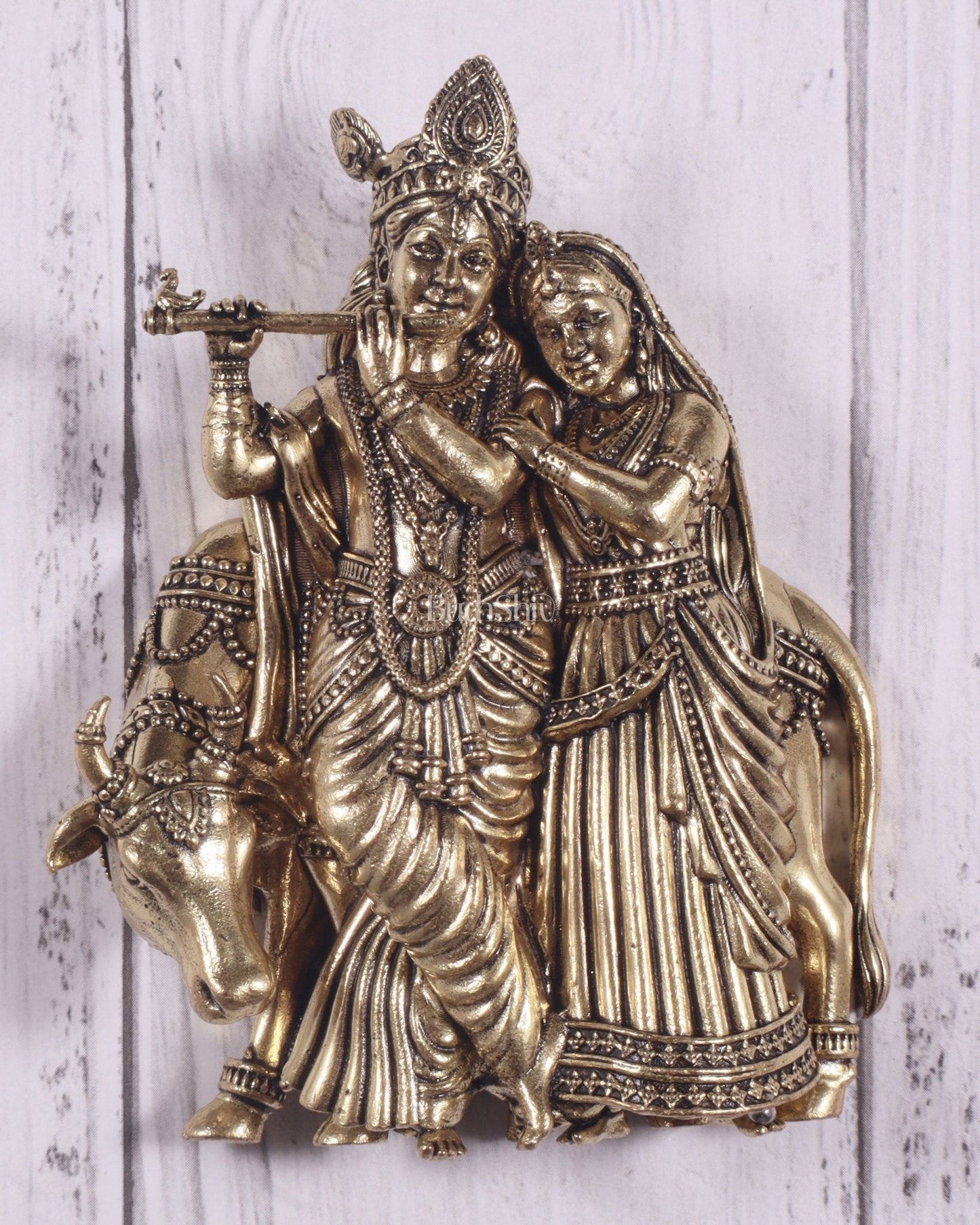 Divine brass Radha Krishna with Cow Wall Hanging – Small & Lightweight, 4 Inch - Sama Homes Idol - Brass Sculpture