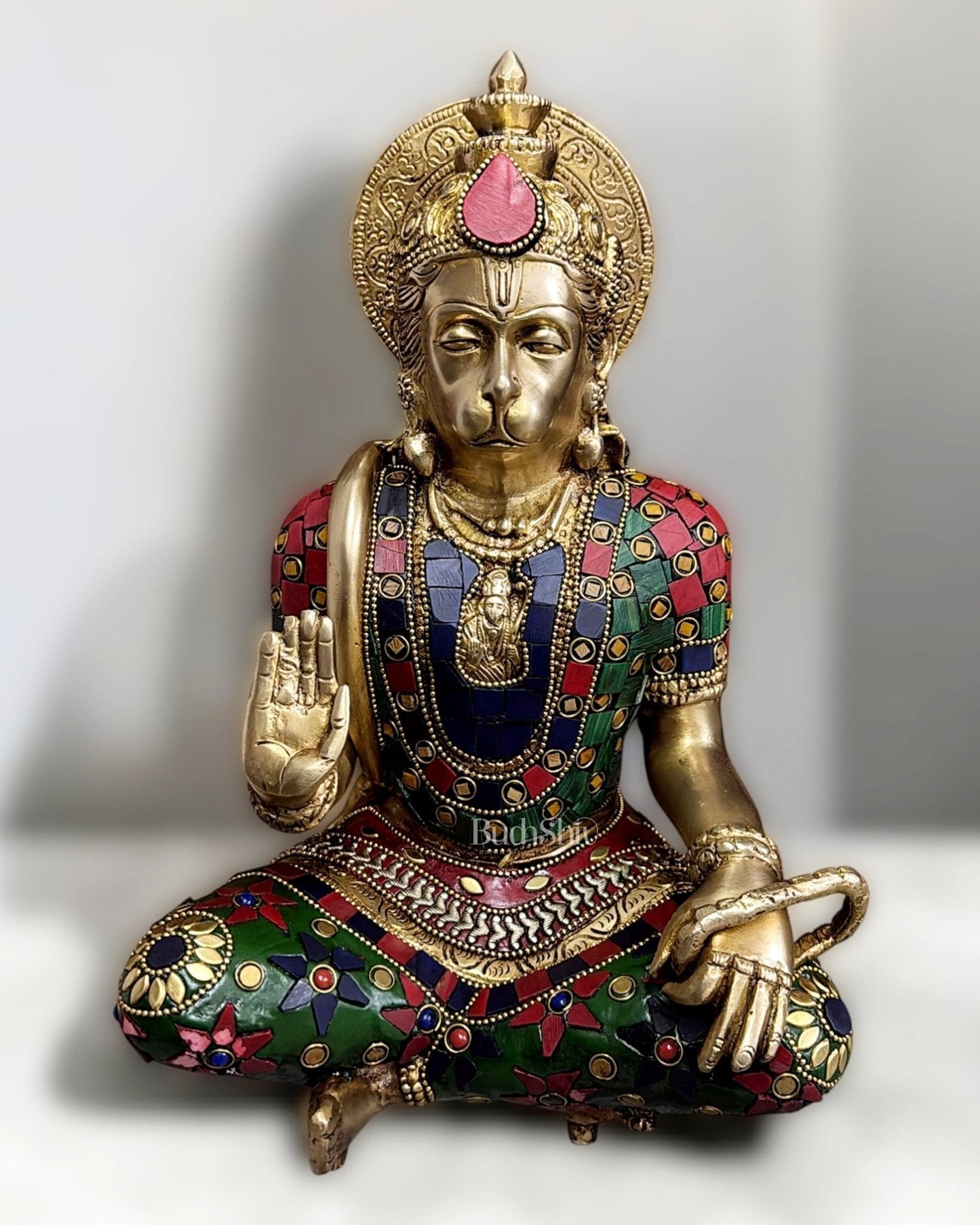 Divine Hanuman Brass blessing statue | Pure Brass with Stonework | 11" - Sama Homes Idol - Brass Sculpture
