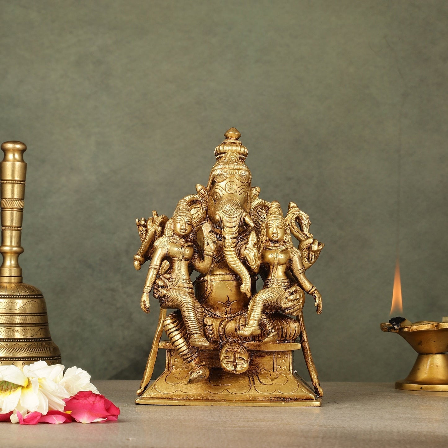 Divine Pure Brass Lord Ganesha Statue with Riddhi and Siddhi | 7" - Sama Homes Idol - Brass Sculpture