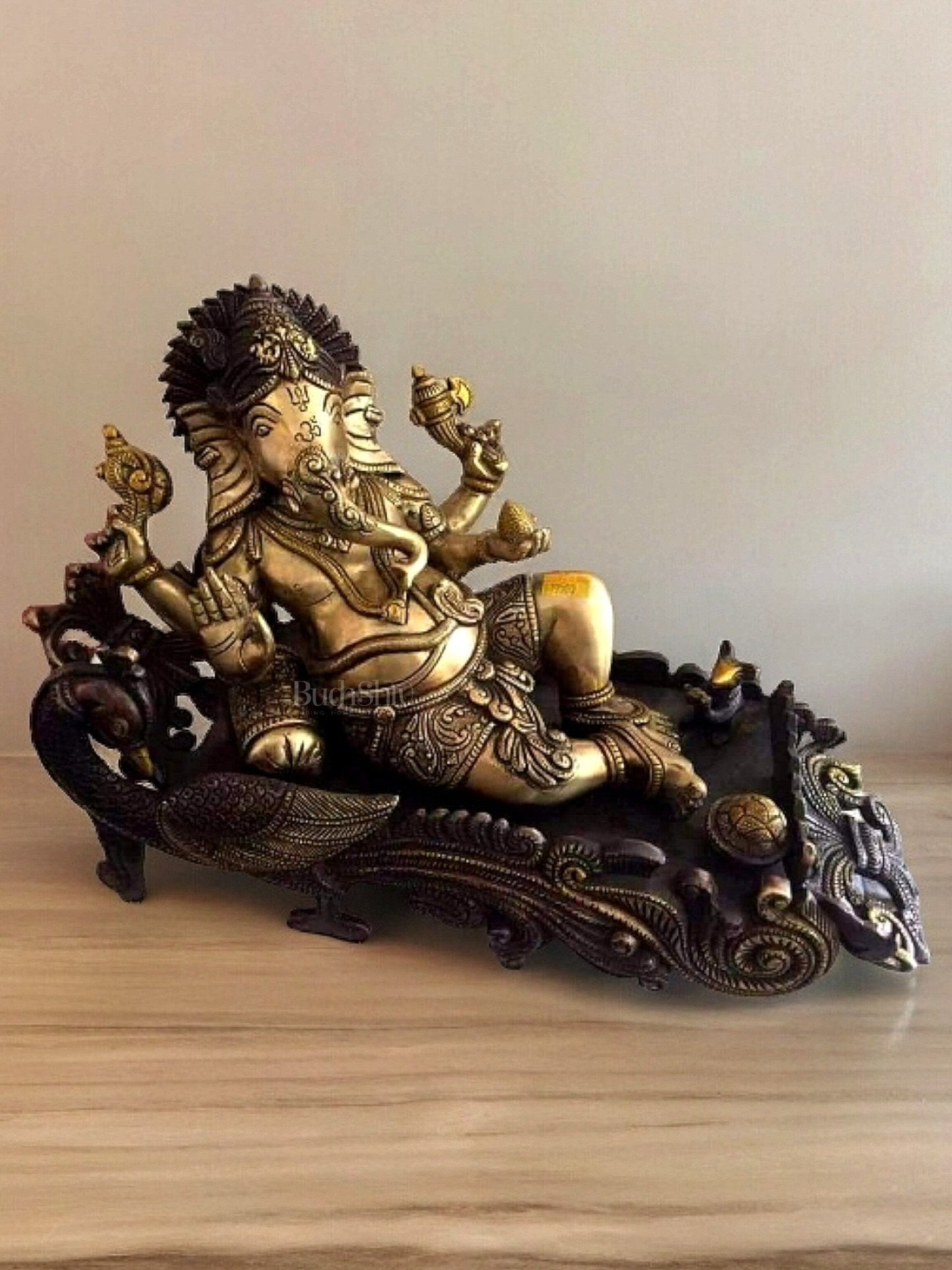 Dual tone 15 Inch Brass Ganapathi Idol on Peacock Throne - Handcrafted Masterpiece - Sama Homes Idol - Brass Sculpture