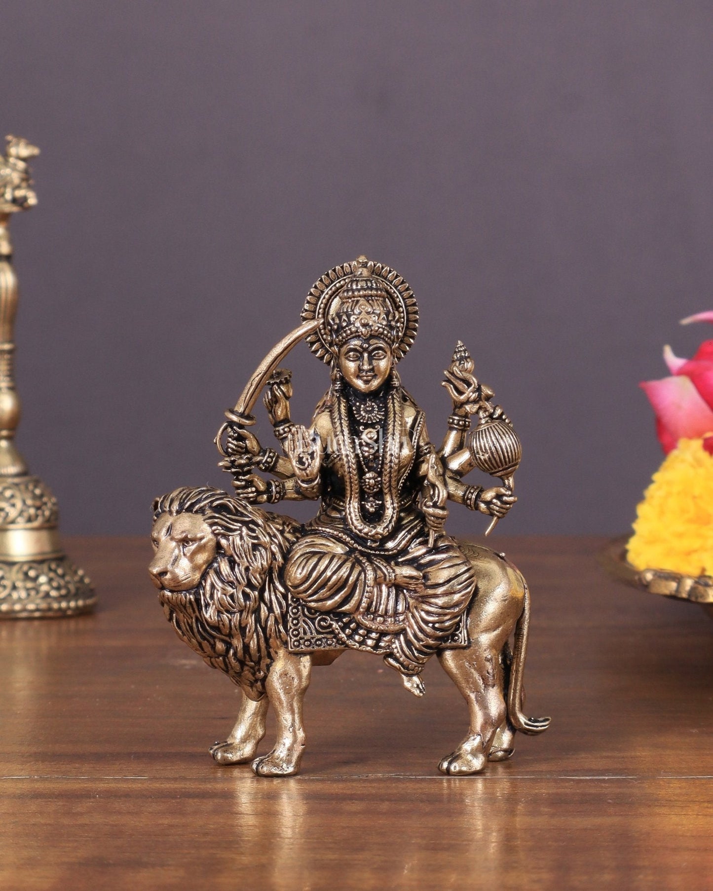 Durga Pure Brass Intricate idol 3" - Sama Homes Idol - Brass Sculpture