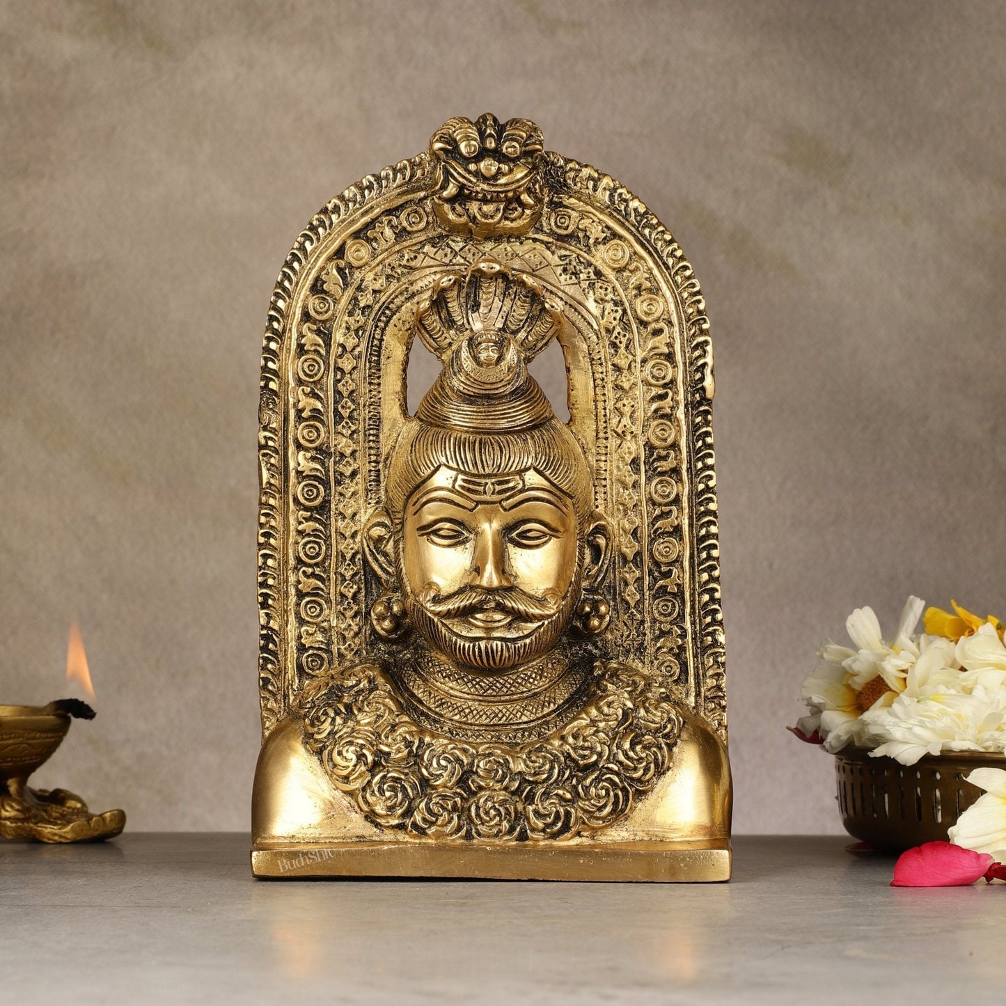 Elegant Brass Lord Shiva Face with Kirtimukha and Frame Table Accent - 8" - Sama Homes Idol - Brass Sculpture