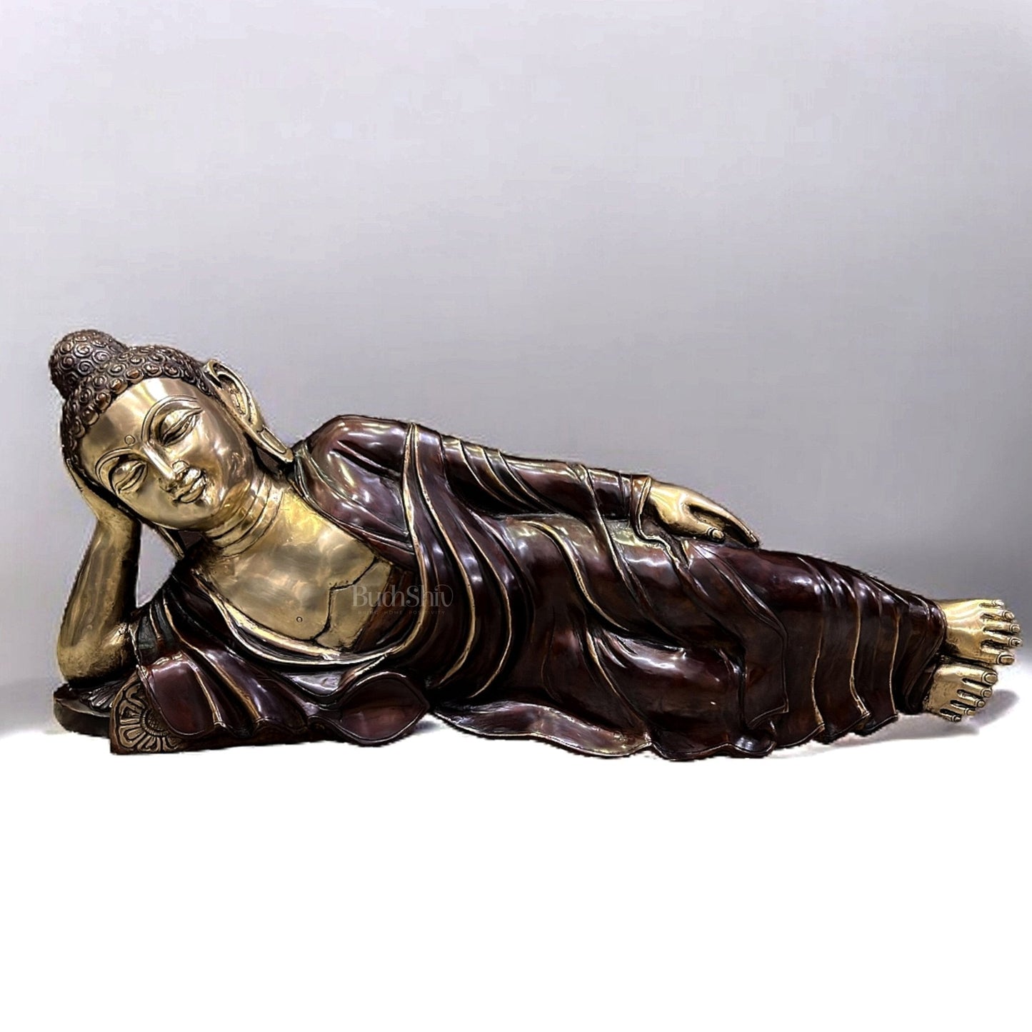 Elegant Brass Resting Buddha Statue – Dual Tone Brown Gold Finish 29" - Sama Homes Idol - Brass Sculpture
