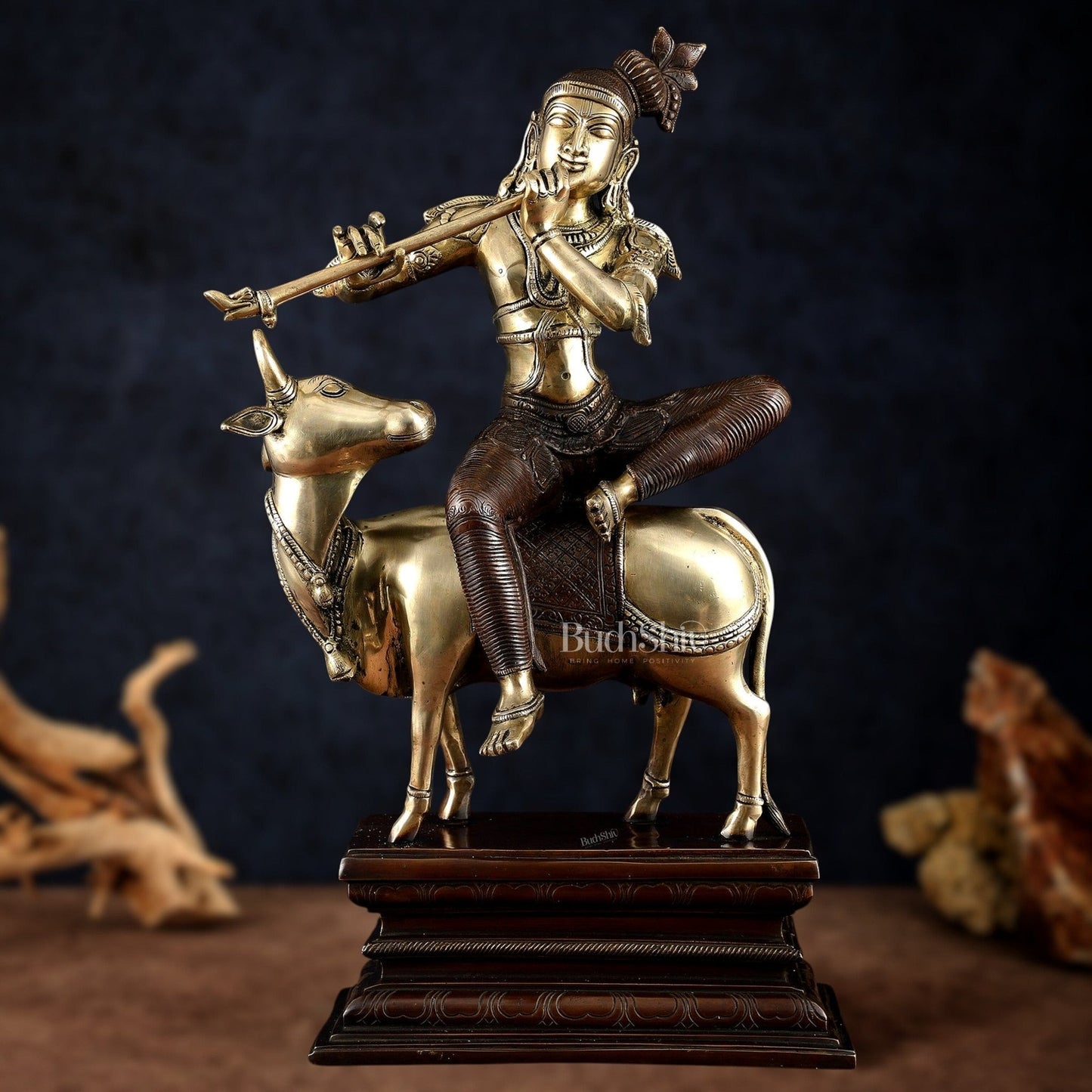 Elegant Lord Krishna Seated on Cow Statue Vintage Dual tone | 21" - Sama Homes Idol - Brass Sculpture